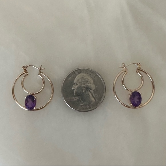 14k Solid Gold Amethyst Double Hoop  Earrings - Picture 15 of 16